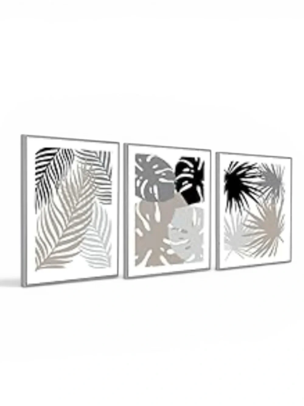 NEW 3 Framed Neutral Leaf Wall Art Set Modern Botanical Prints